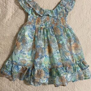 cupcakes & cashmere Girls Floral Ruffle Sundress in Light Blue and Tan